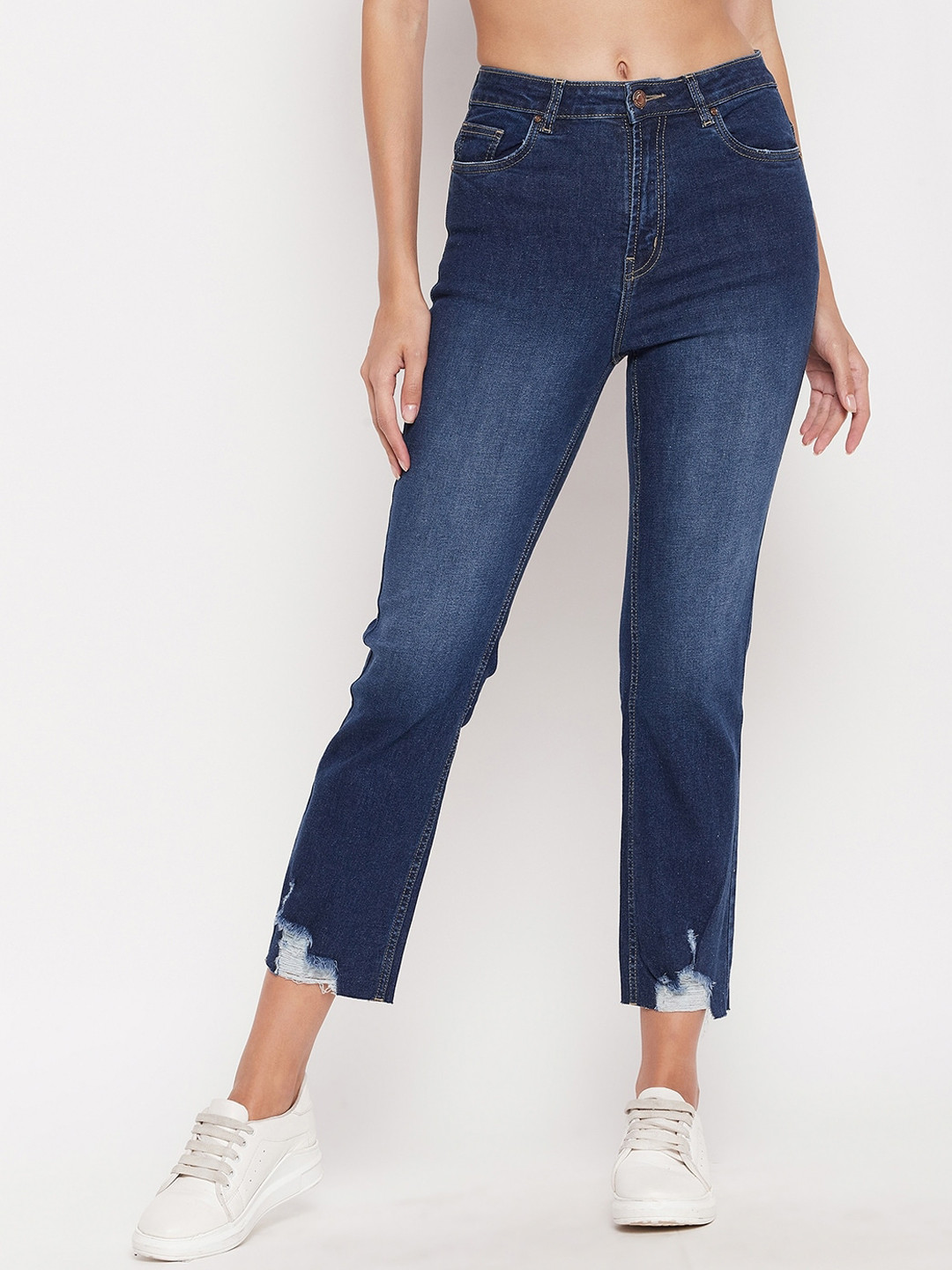 

Madame Women Light Fade Mildly Distressed Cropped Cotton Jeans, Blue