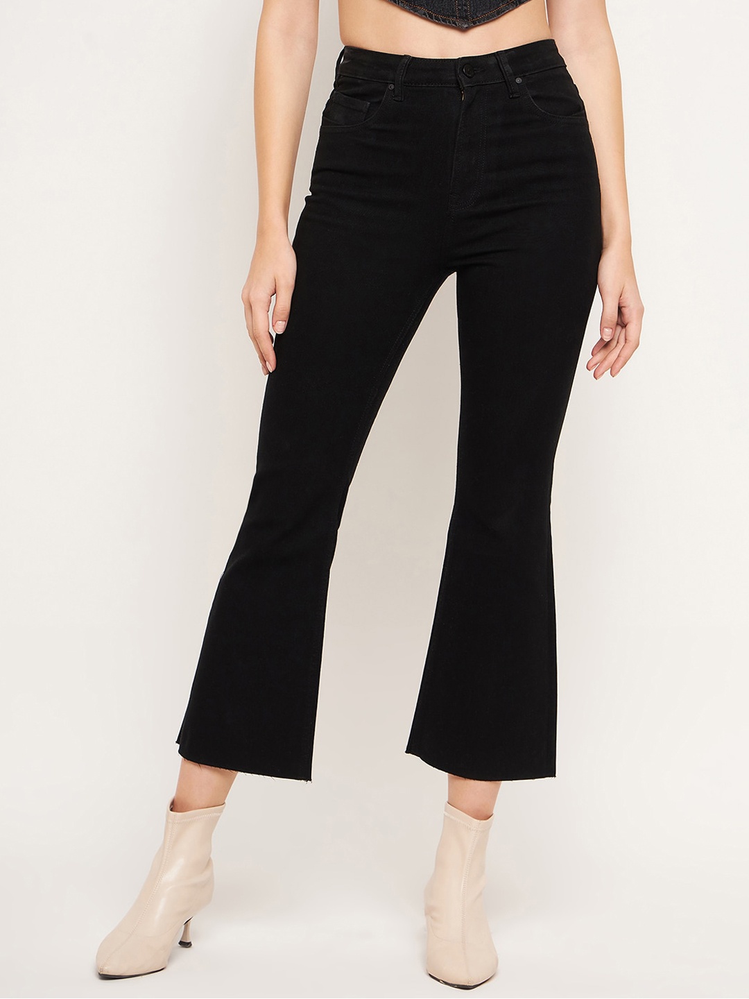 

Madame Women Clean Look Cropped Bootcut Cotton Jeans, Black