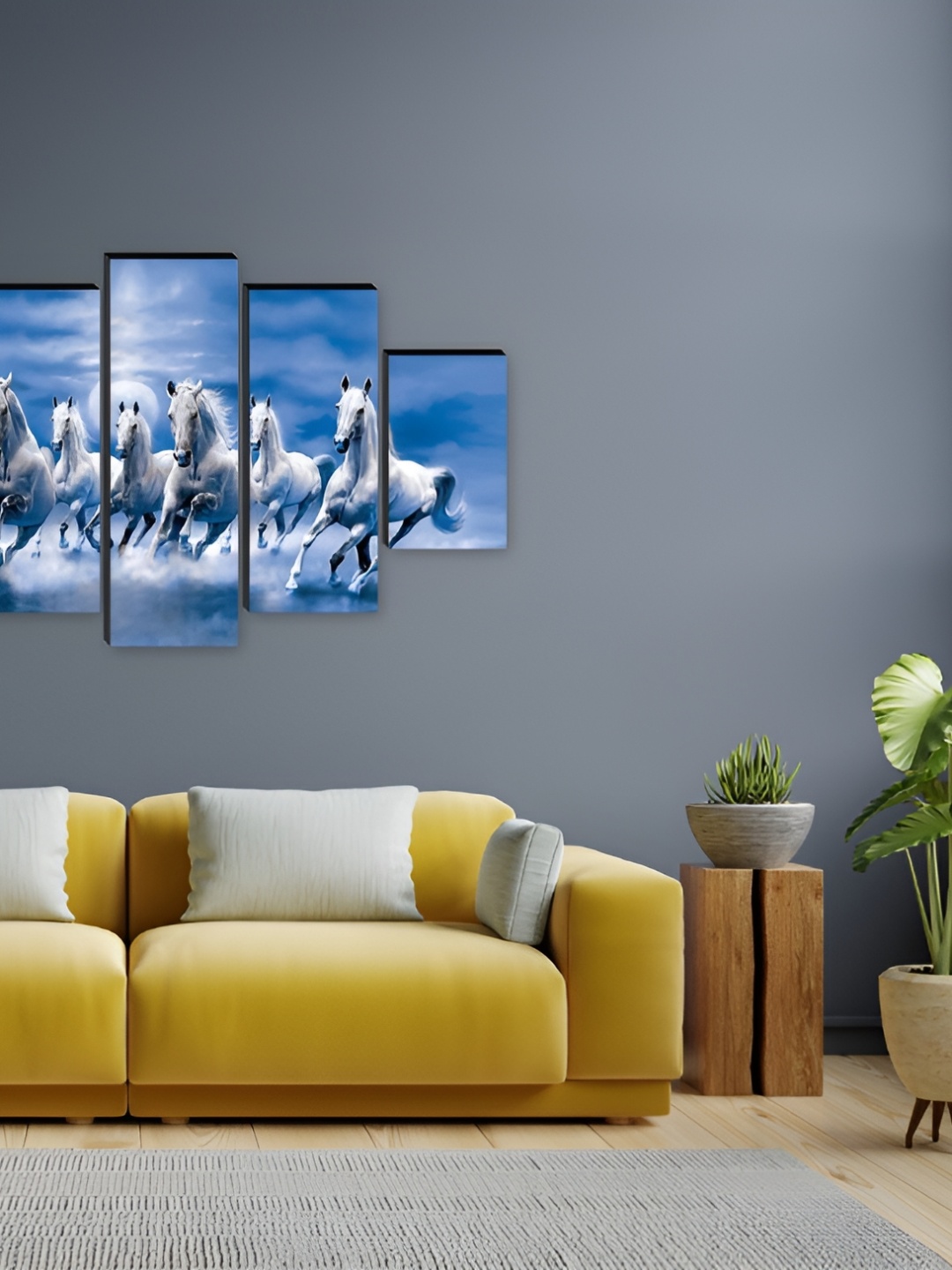 

WALLMAX Blue & White 5 Pieces Horse Wood Paintings Wall Art