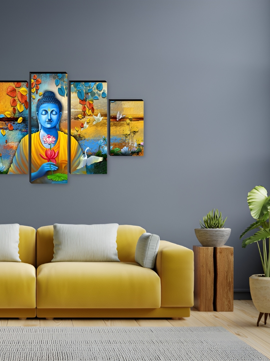 

WALLMAX Blue & Yellow 5 Pieces Religious Wood Paintings Wall Art