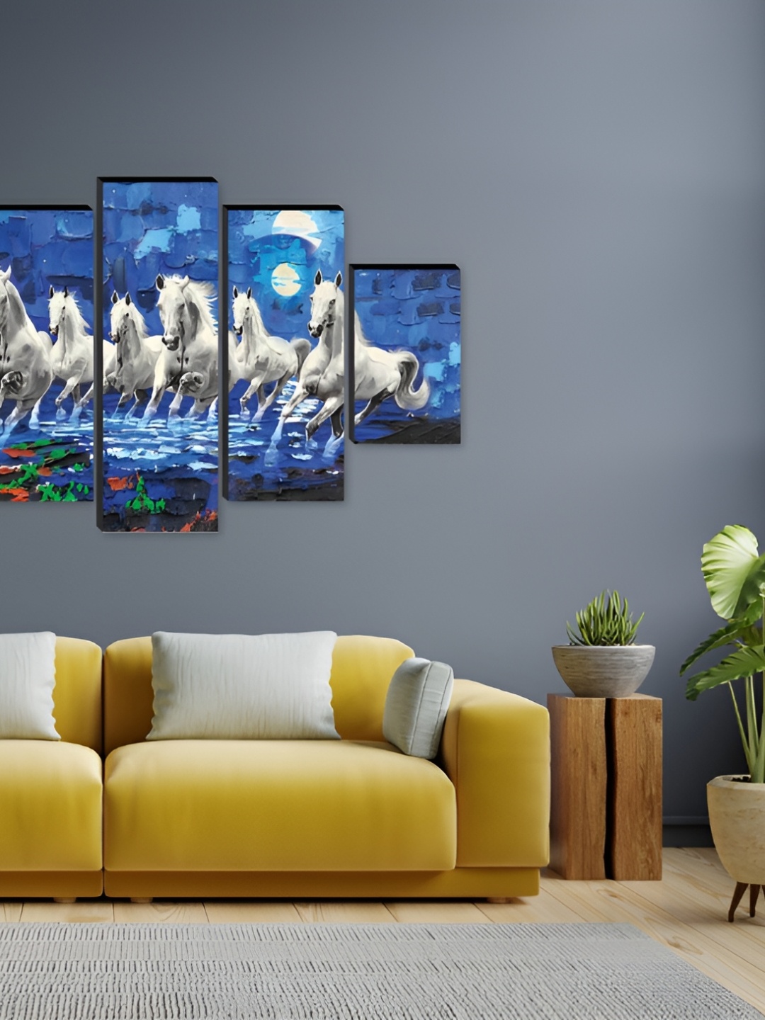 

WALLMAX Blue & White 5 Pieces Horse Wood Paintings Wall Art