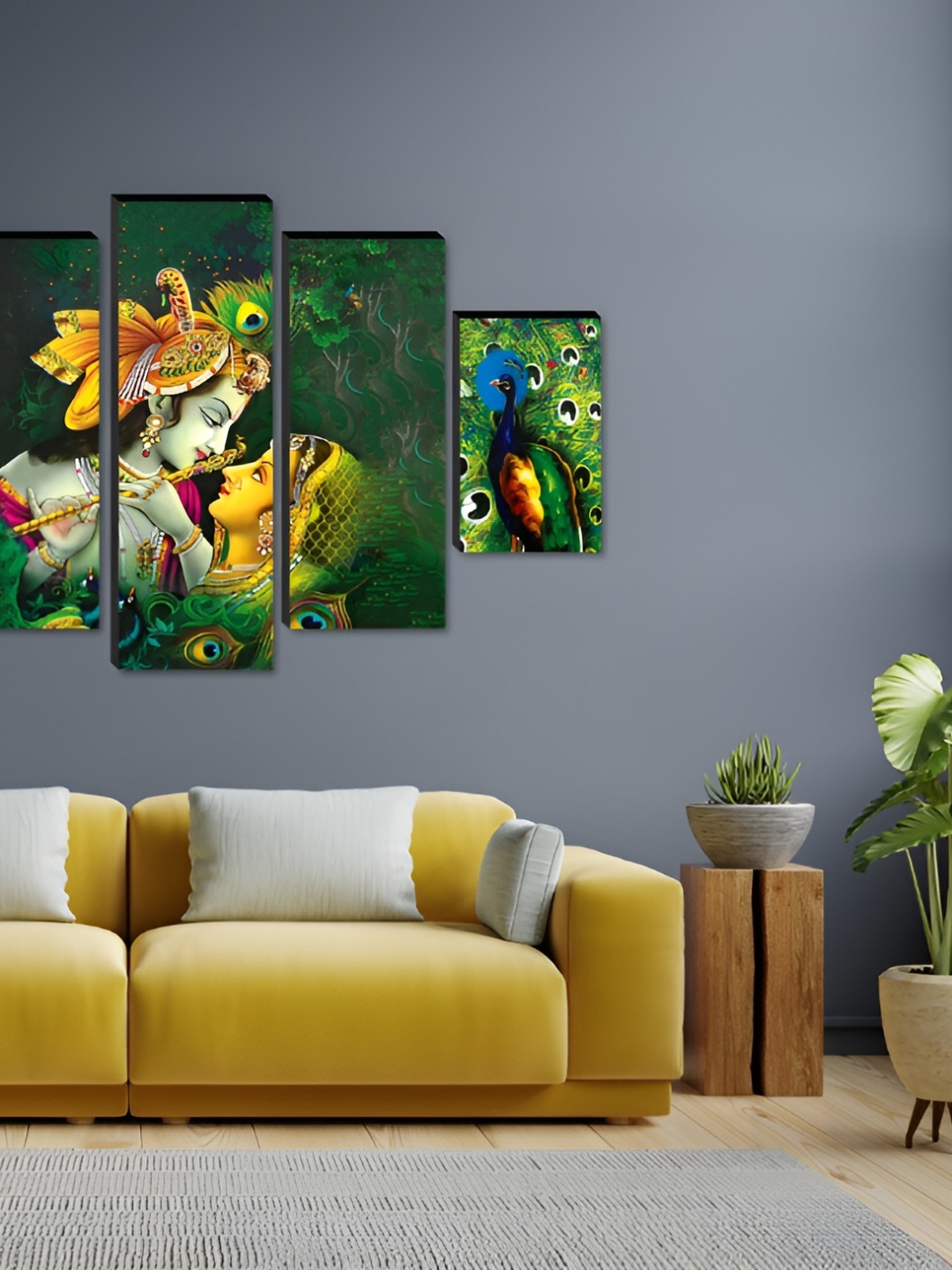 

WALLMAX Green & yellow 5 Pieces Religious Wood Paintings Wall Art