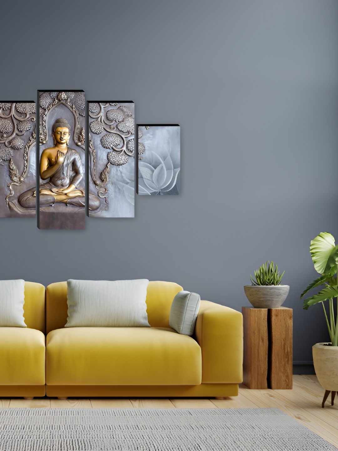 

WALLMAX Grey And Gold Toned 5 Pieces Religious Wood Paintings Wall Art