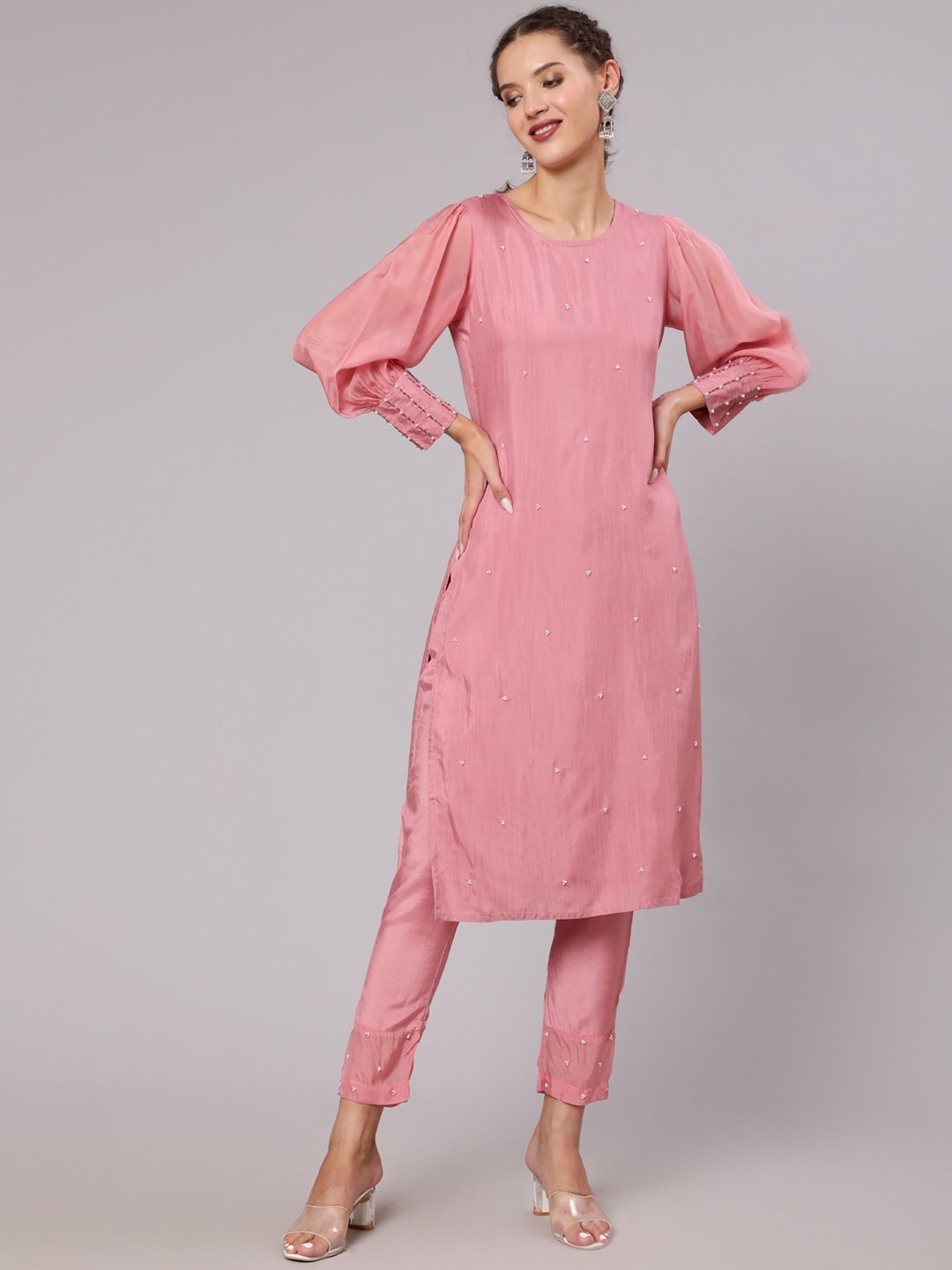 

Jaipur Kurti Beads and Stones Puff Sleeves Straight Kurta With Trousers, Pink