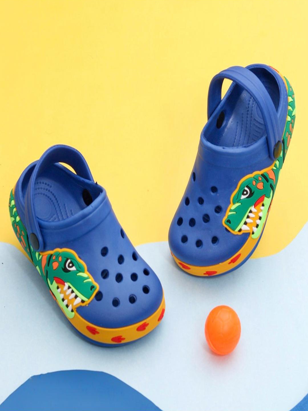 

Yellow Bee Boys Dinosaur Applique Rubber Clogs, Blue