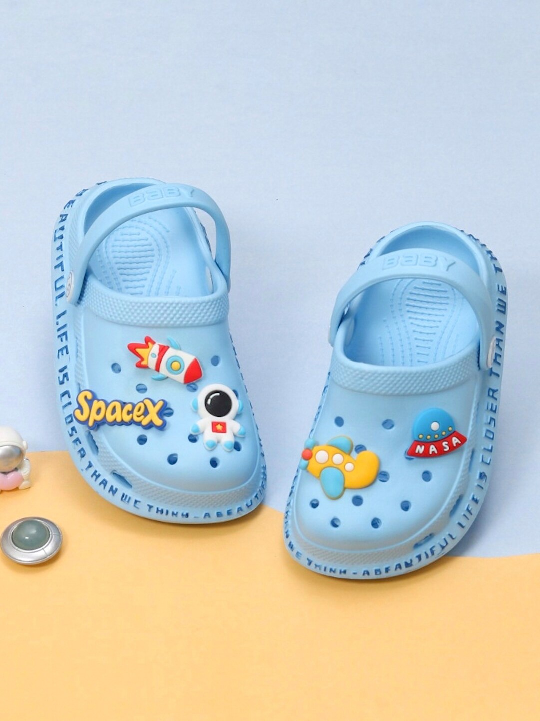 

Yellow Bee Boys Space Theme Applique Rubber Clogs, Blue