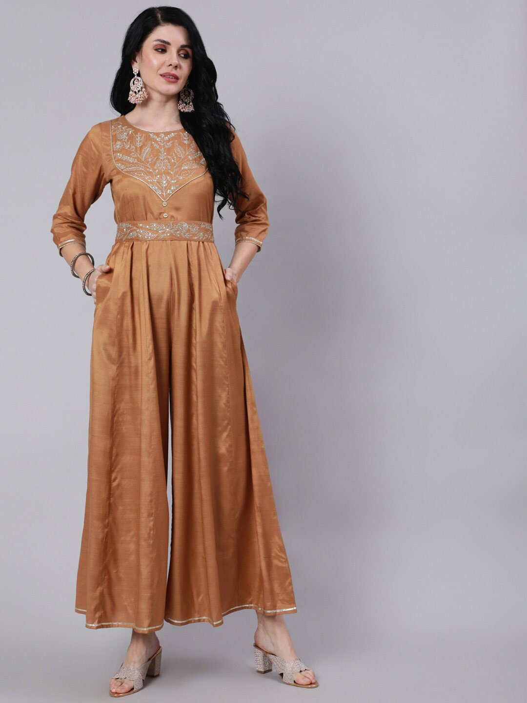 

Jaipur Kurti Floral Embroidered Sequined Silk Jumpsuit, Brown