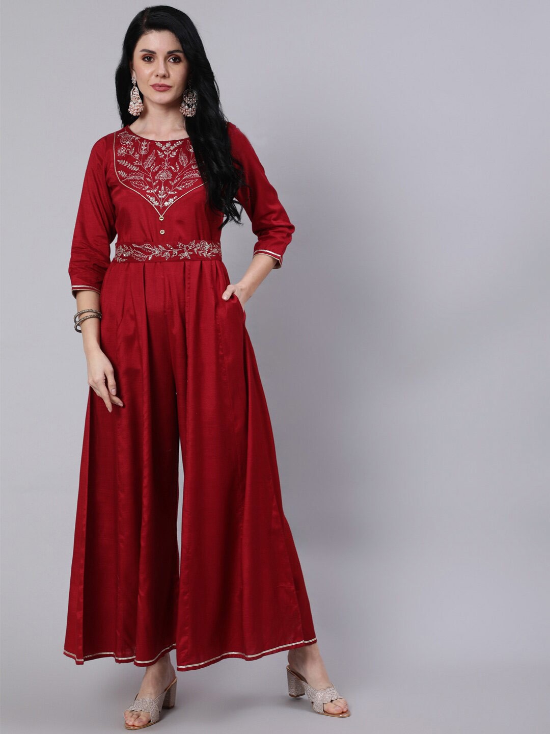 

Jaipur Kurti Floral Embroidered Sequined Silk Jumpsuit, Maroon
