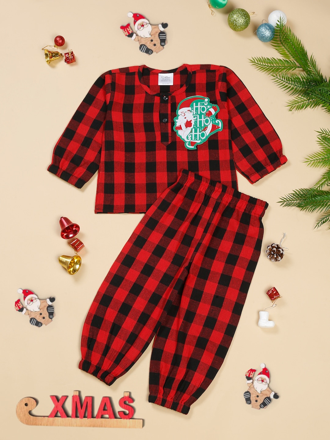 

Little Musketeer Girls Checked Pure Cotton Night suit, Red