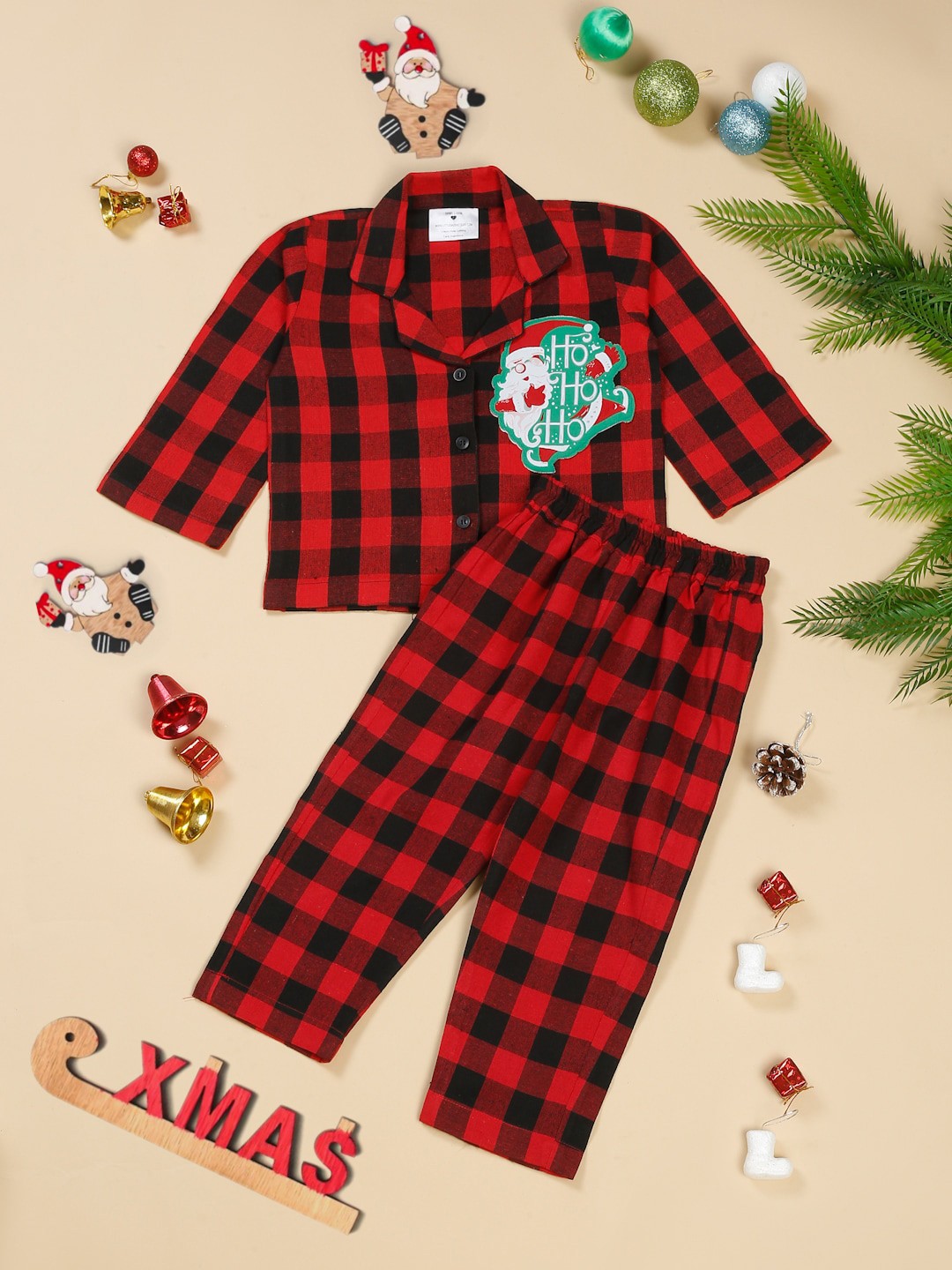 

Little Musketeer Boys Checked Pure Cotton Night suit, Red