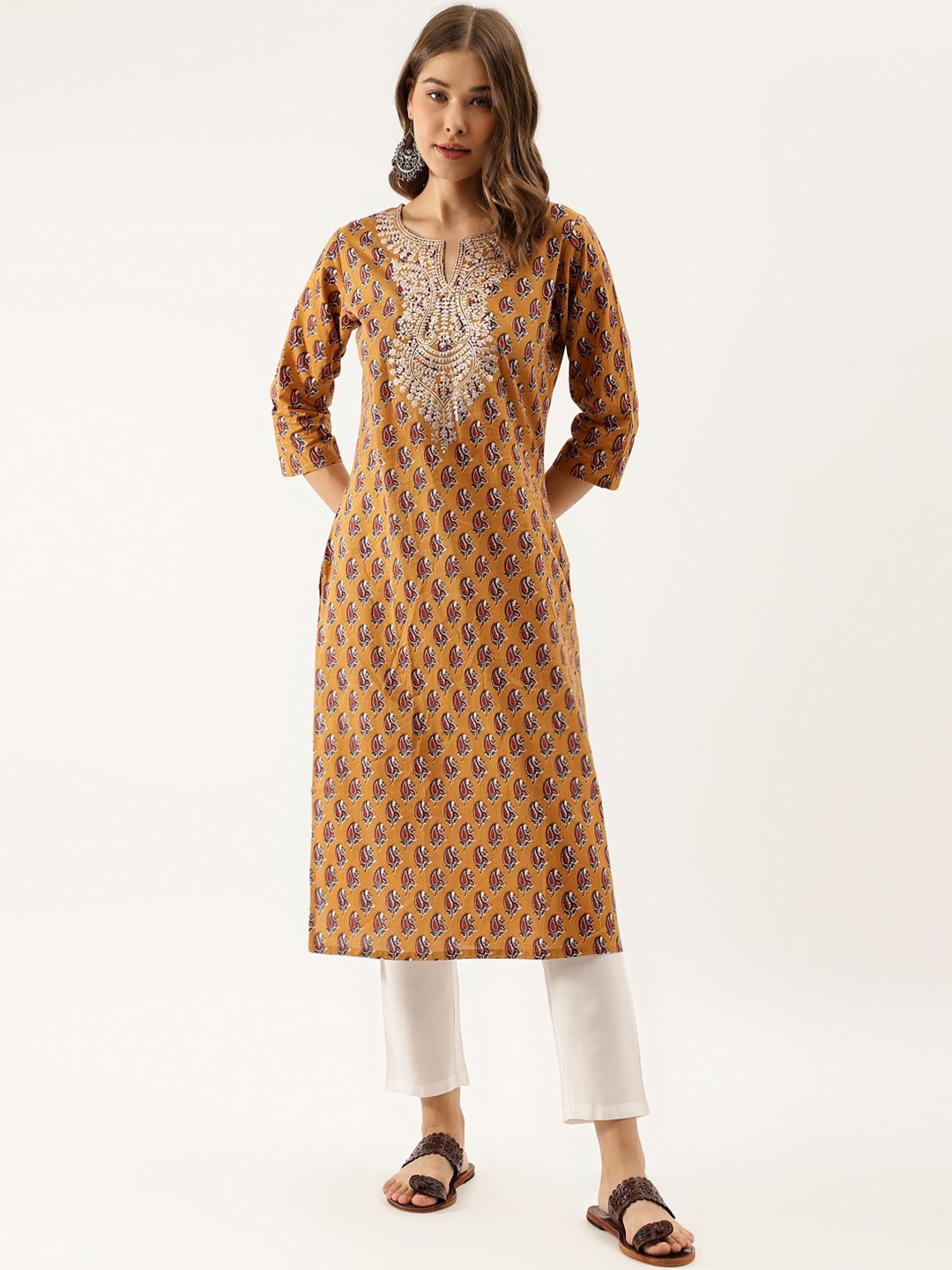

KALINI Floral Printed Cotton Thread Work Straight Kurta, Mustard