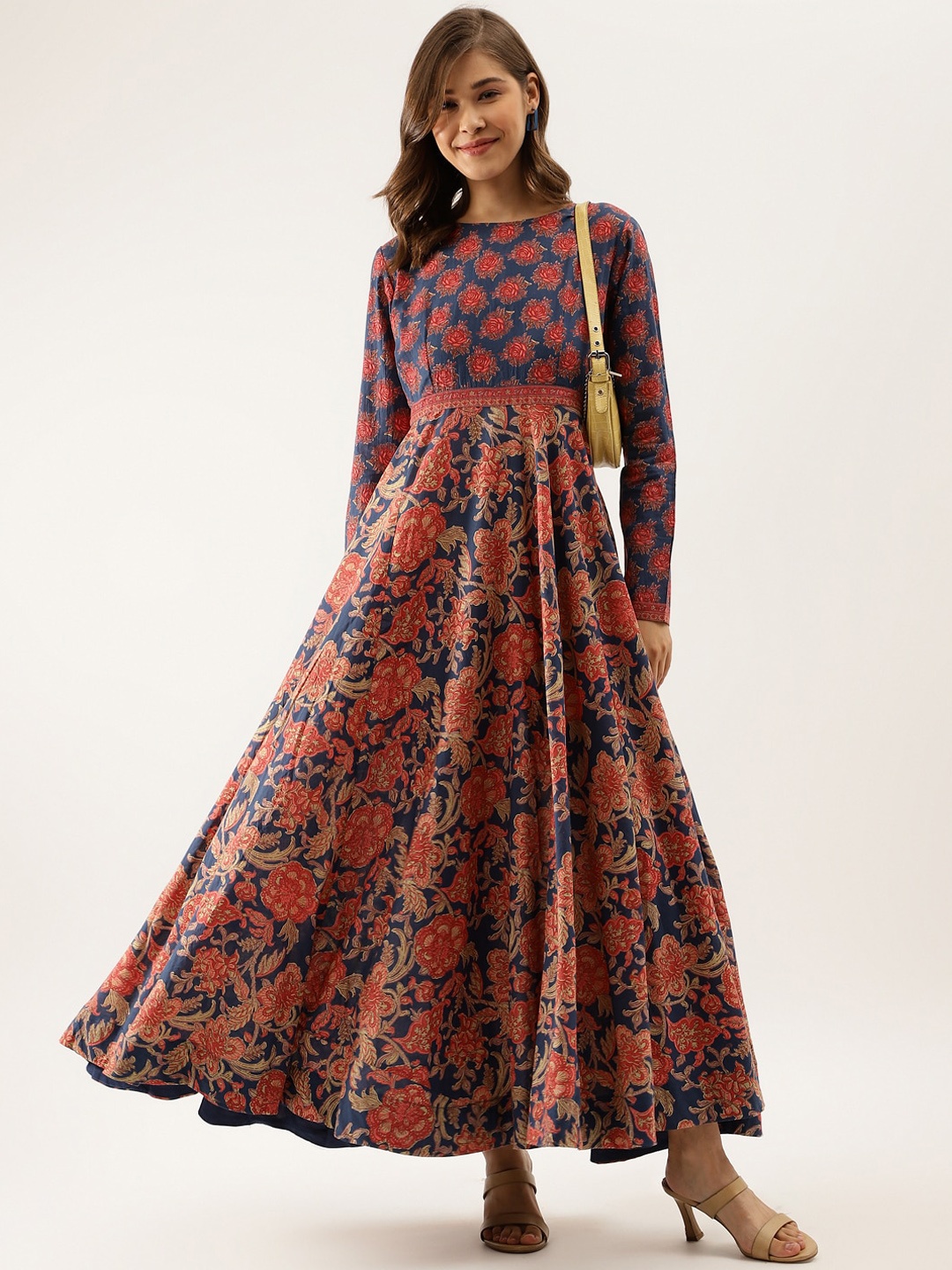 

KALINI Floral Printed Fit & Flare Ethnic Dress, Navy blue