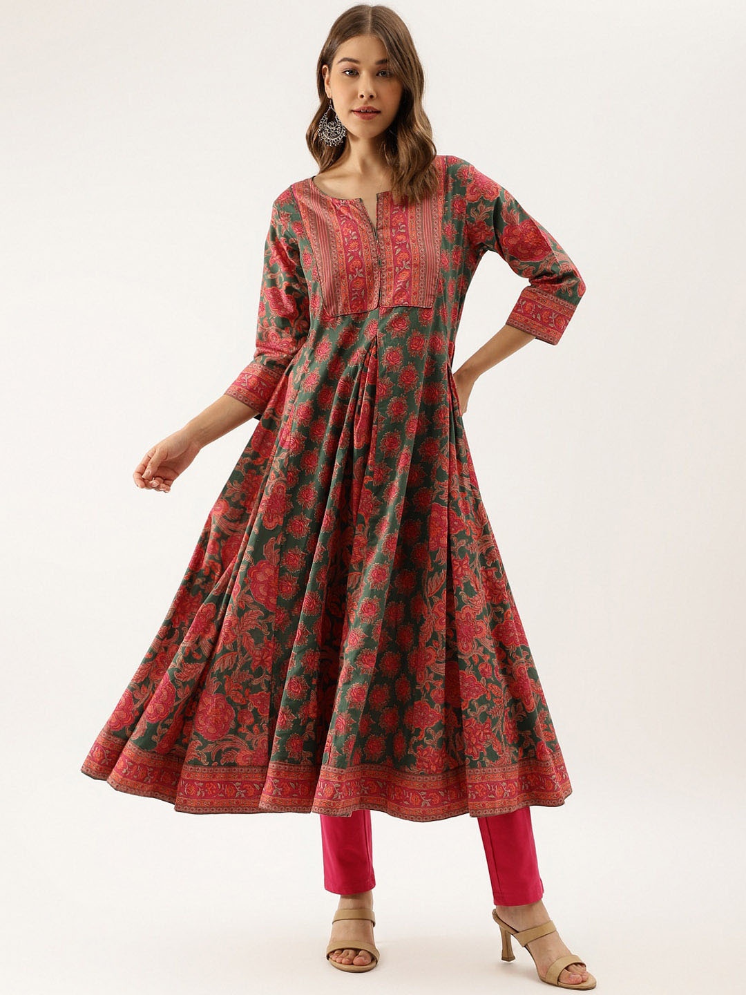 KALINI Ethnic Motifs Printed Pure Cotton Anarkali Kurta, Green