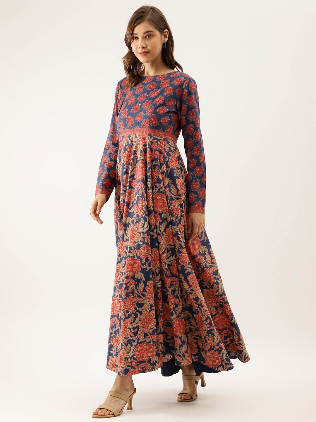 

KALINI Floral Printed Cotton Fit & Flare Kurta, Navy blue