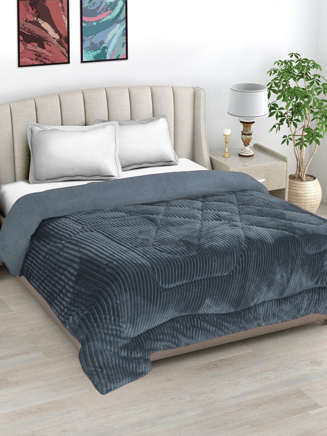 

FABINALIV Grey Striped Woollen Heavy Winter Double Bed Quilt