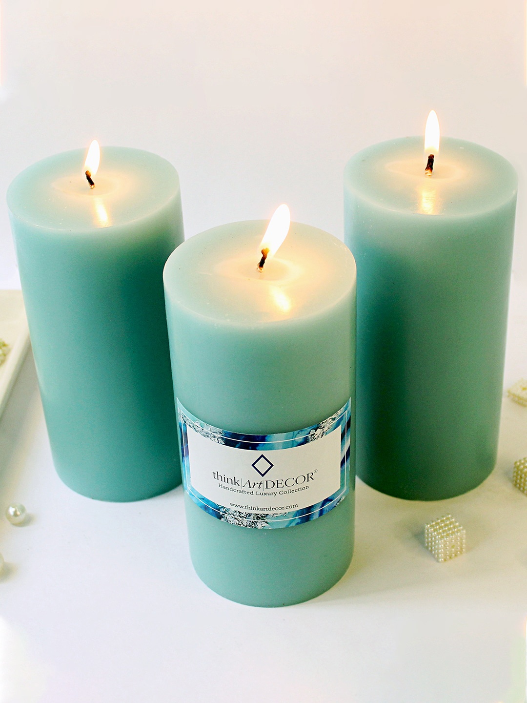 

ThinkArtDecor Turquoise Blue 3 Pieces Smokeless & Dripless Wax Pillar Candles