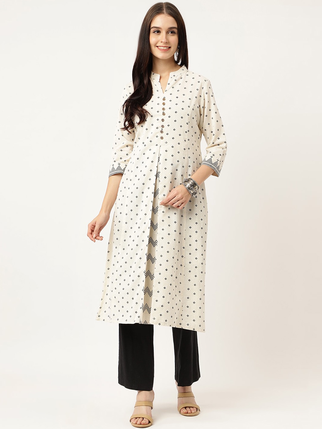 

KALINI Geometric Printed Cotton Mandarin Collar A-Line Kurta, White