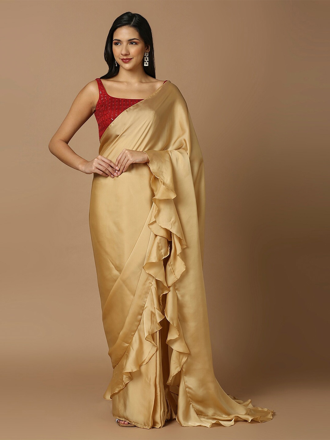 

SALWAR STUDIO Satin Ready to Wear Saree, Gold
