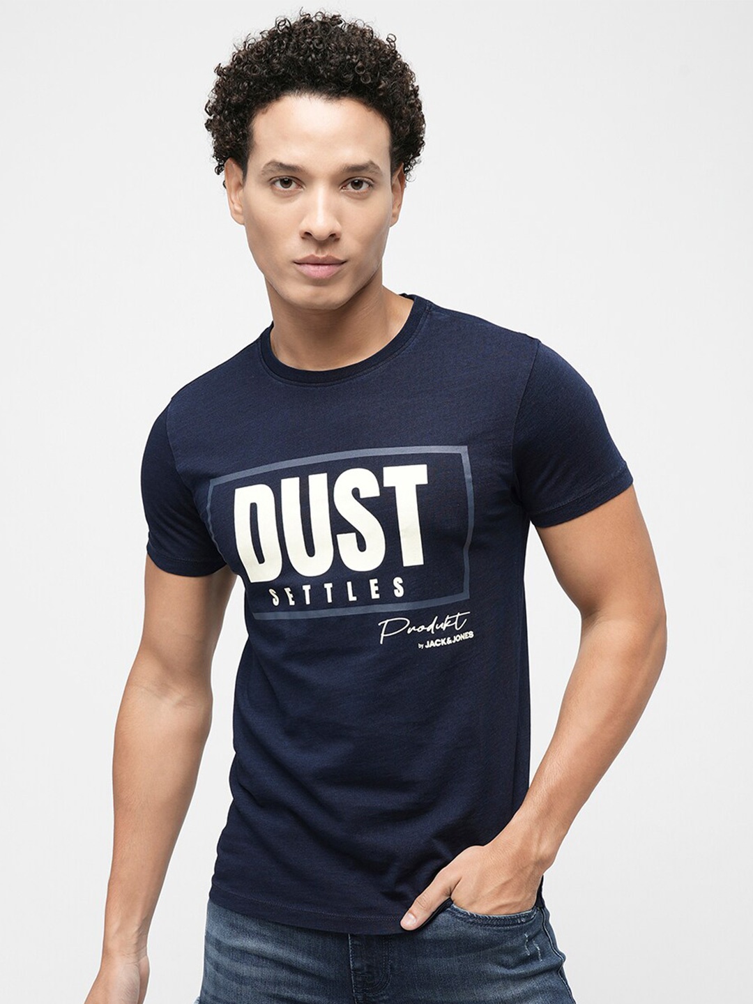 Jack & Jones Typography Printed Pure Cotton Slim Fit T-shirt, Navy blue