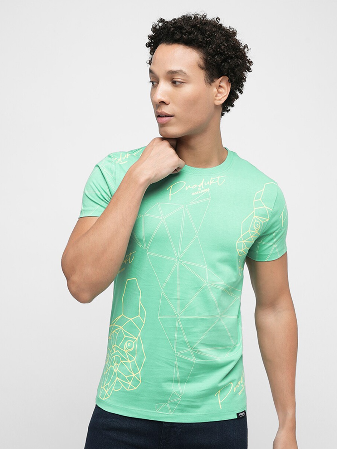 

Jack & Jones Geometric Printed Slim Fit Pure Cotton T-shirt, Green