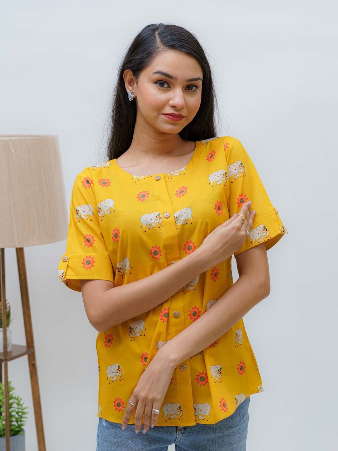

TSUCCHI TRADITIONS Ethnic Motifs Printed Pure Cotton A-Line Kurti, Yellow