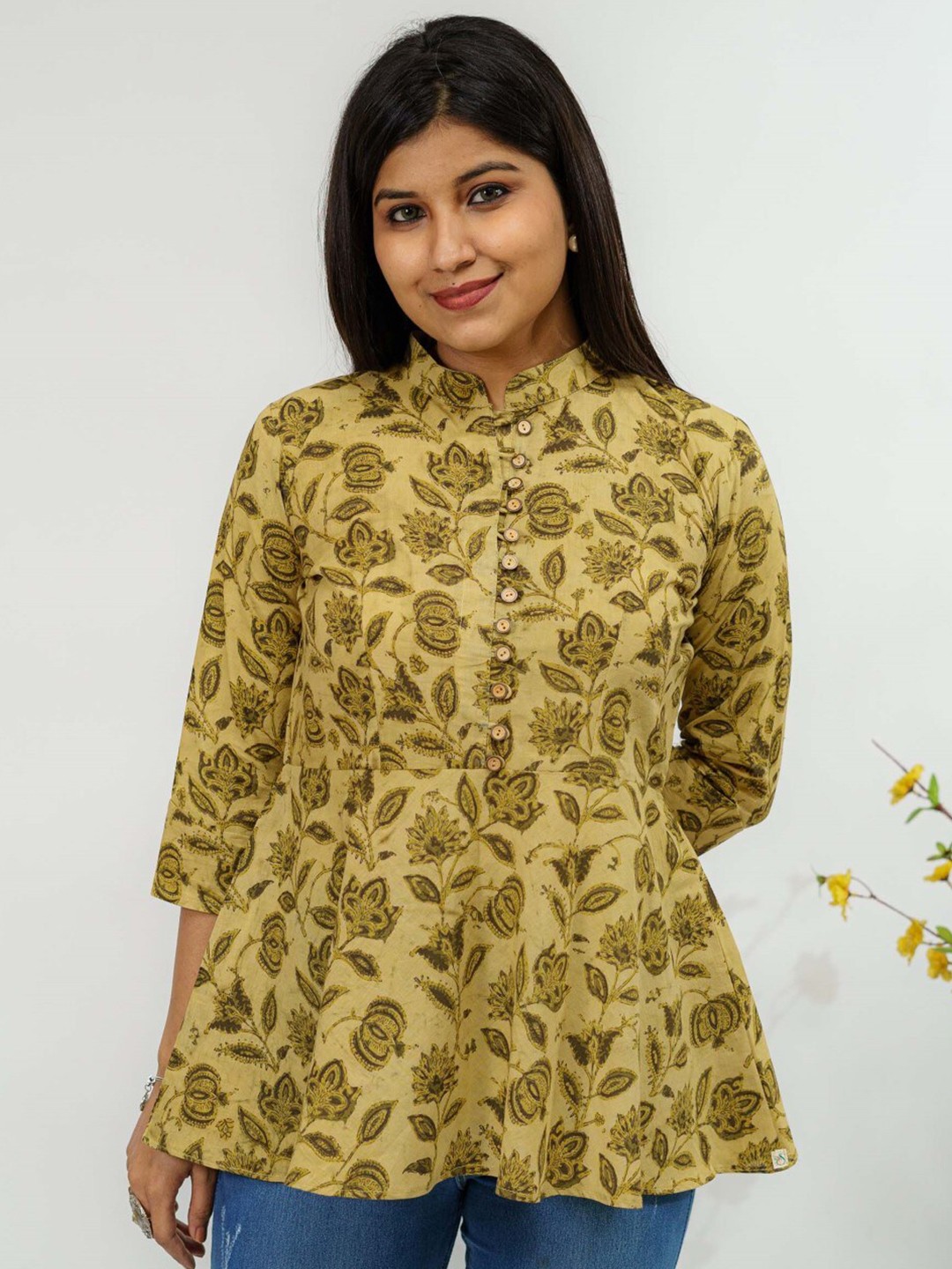

TSUCCHI TRADITIONS Floral Printed Mandarin Collar Pure Cotton A-Line Kurti, Yellow