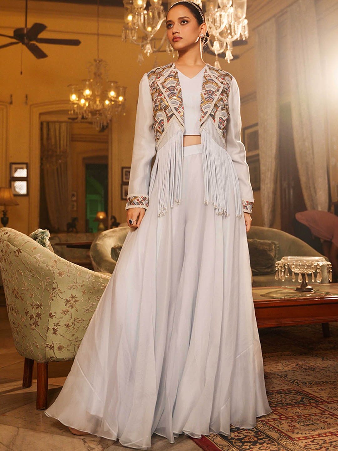 

NEHHA NHATA V-Neck Crop Top With Sharara & Embroidered Jacket, Blue