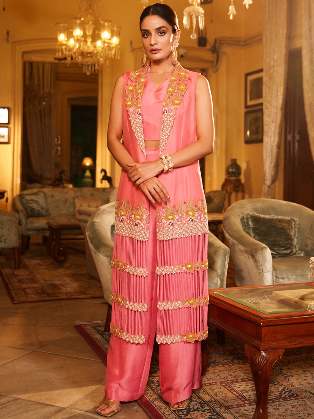 

NEHHA NHATA V-Neck Crop Silk Ethnic Top With Sharara & Embroidered Jacket, Pink