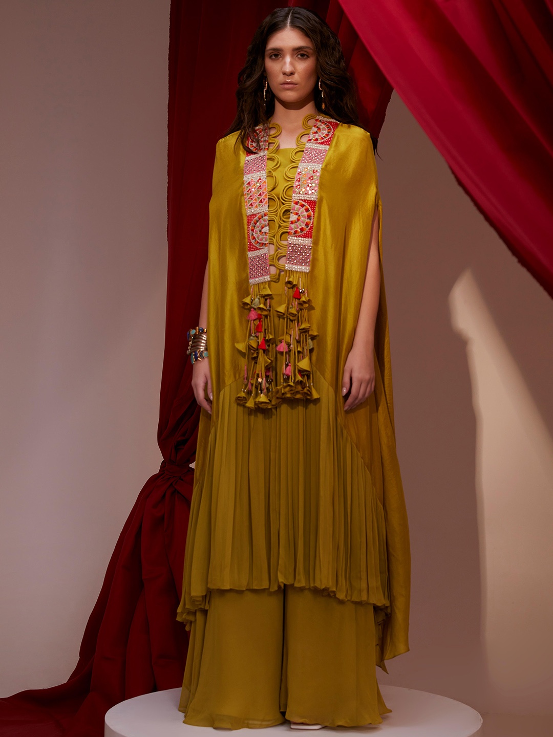 

NEHHA NHATA Women Olive Green Longline Cape Jacket with Embroidered
