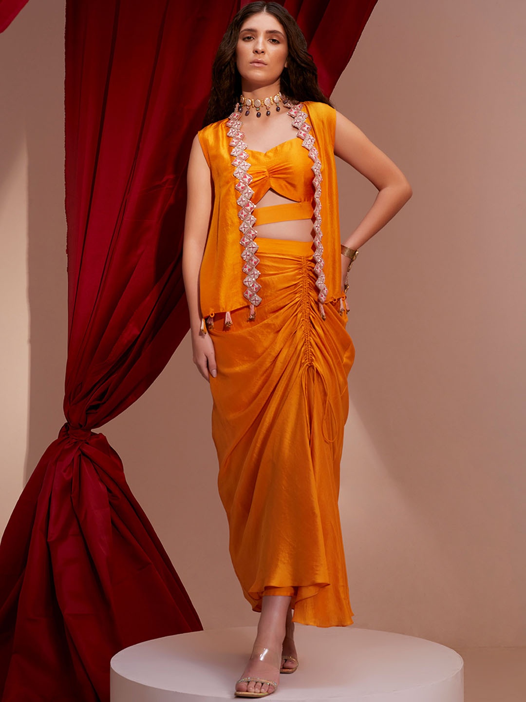 

NEHHA NHATA Women Orange Cape Jacket with Embroidered