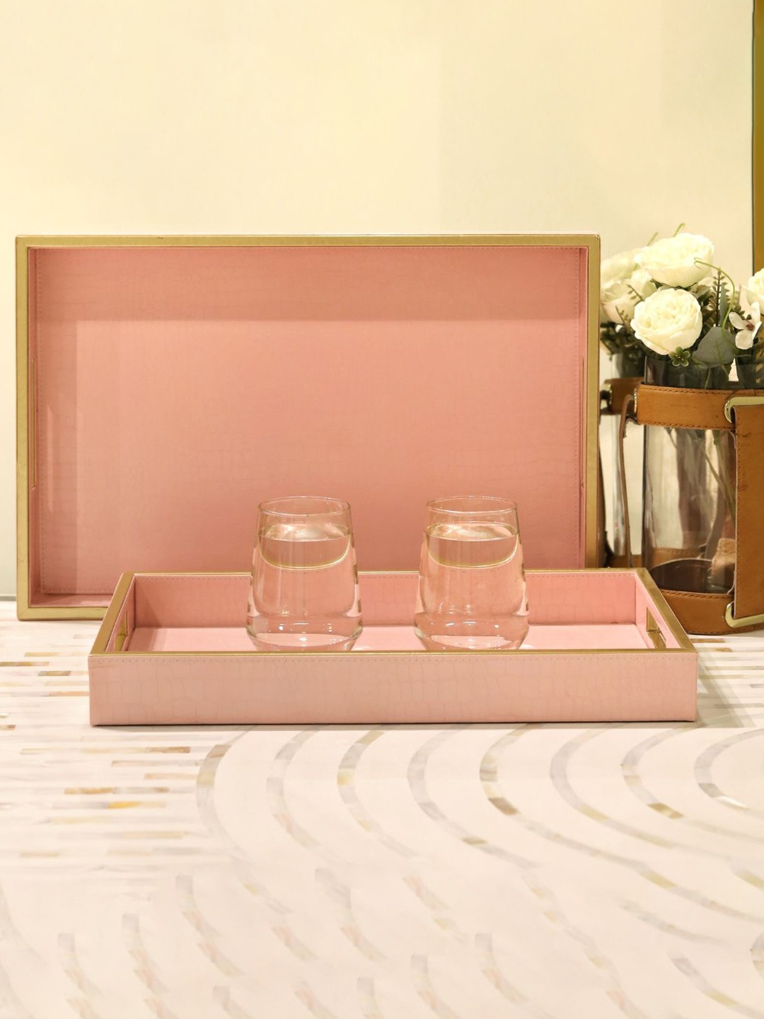 

CasaGold Pink & Gold Toned 2 Pieces Rectangular Wood Serving Trays