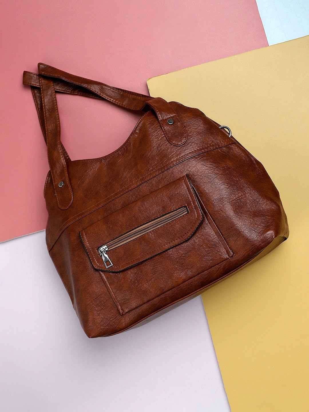 

HAUTE SAUCE by Campus Sutra Leather Shoulder Bag With Zip Detail, Brown