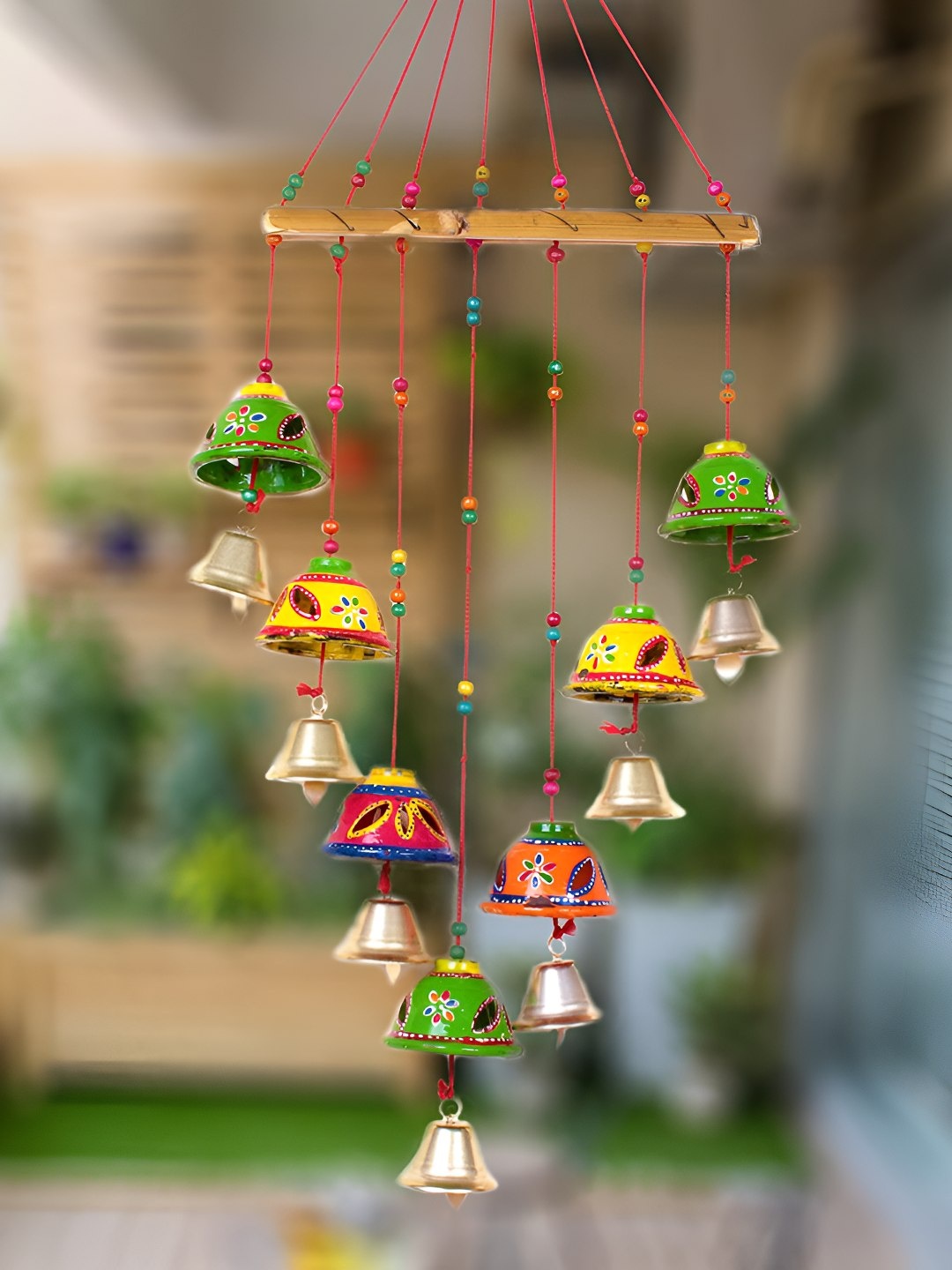 

Aawiclo Yellow & Green Hand Painted Wood & Plastic Bells Design Wind Chime