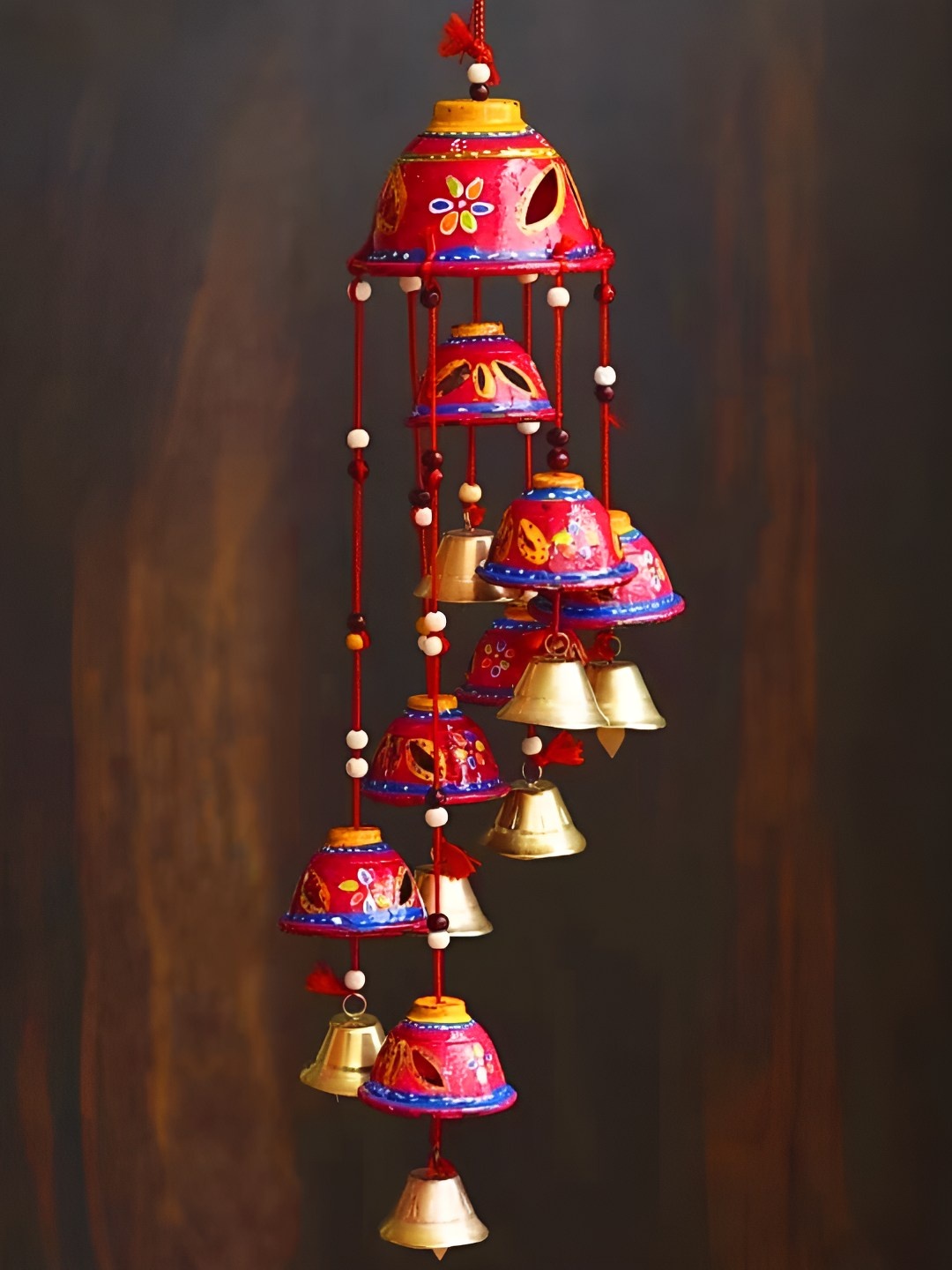 

Aawiclo Red & Blue Hand Painted Wood & Plastic Bells Design Wind Chime