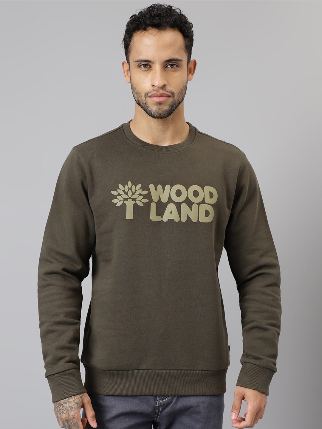 

Woodland Typography Printed Pure Cotton Pullover Sweatshirt, Green
