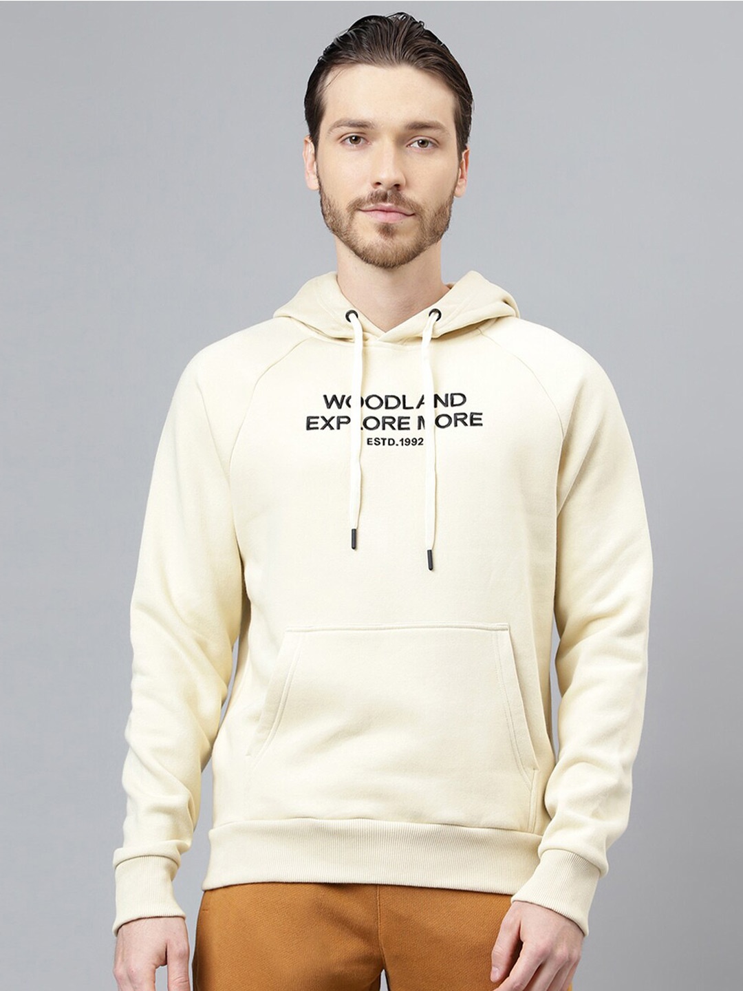 

Woodland Typography Printed Hooded Neck Long Sleeve Pullover Sweatshirt, Beige
