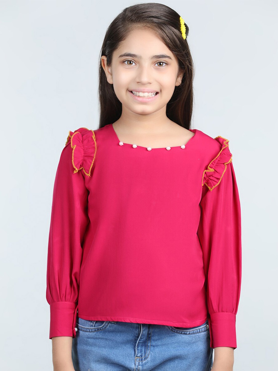 

Cutiekins Girls Cuffed Sleeves Ruffles Detail Top, Pink
