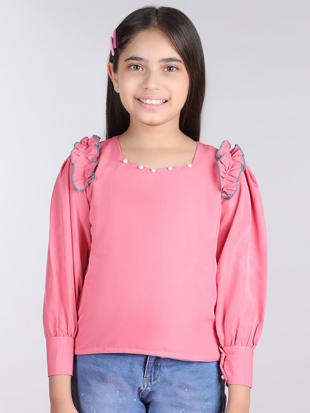 

Cutiekins Girls Cuffed Sleeves Ruffles Detail Top, Peach