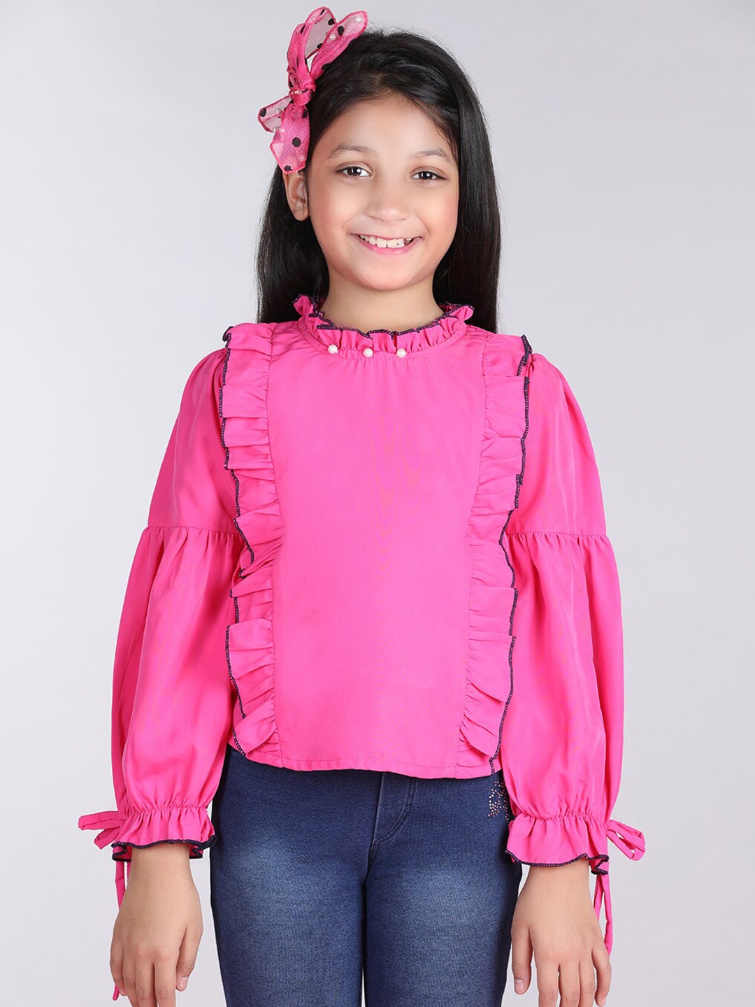 

Cutiekins Girls Puff Sleeves Ruffles Detail Top, Pink