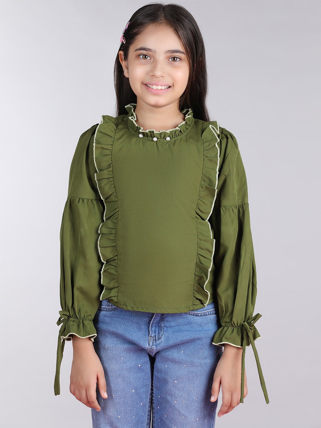 

Cutiekins Girls Puff Sleeves Ruffles Detail Top, Green