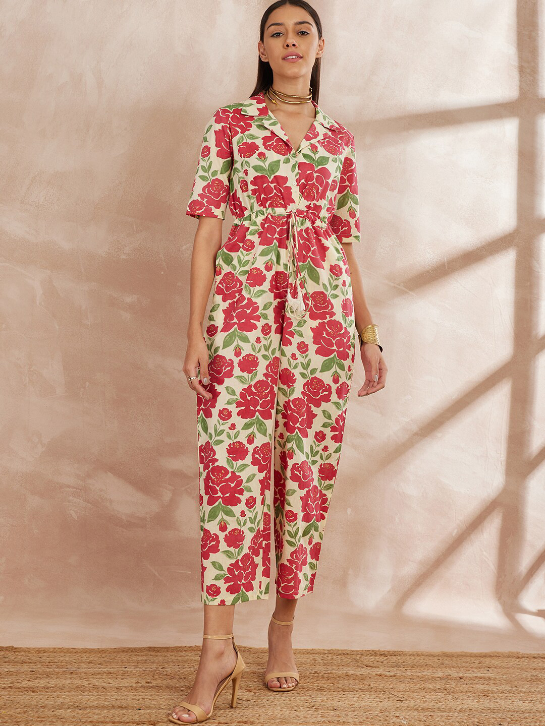 

all about you Shirt Collar Floral Printed Cotton Basic Jumpsuit, Cream