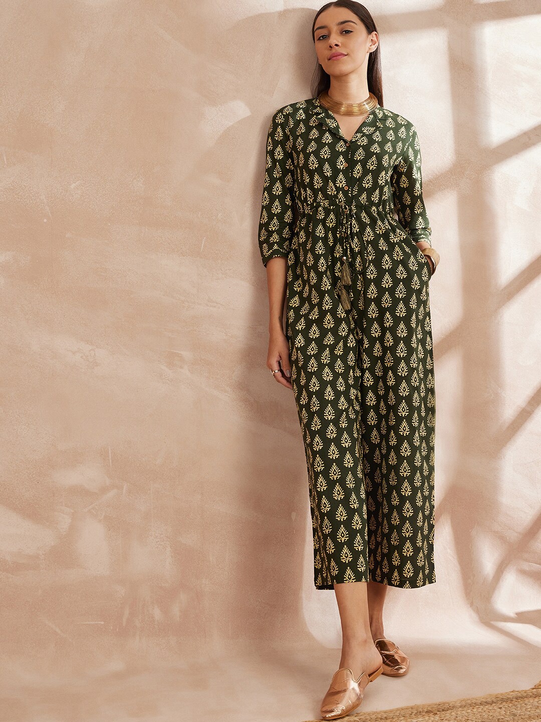 

all about you Shirt Collar Ethnic Motifs Printed Cotton Basic Jumpsuit, Olive