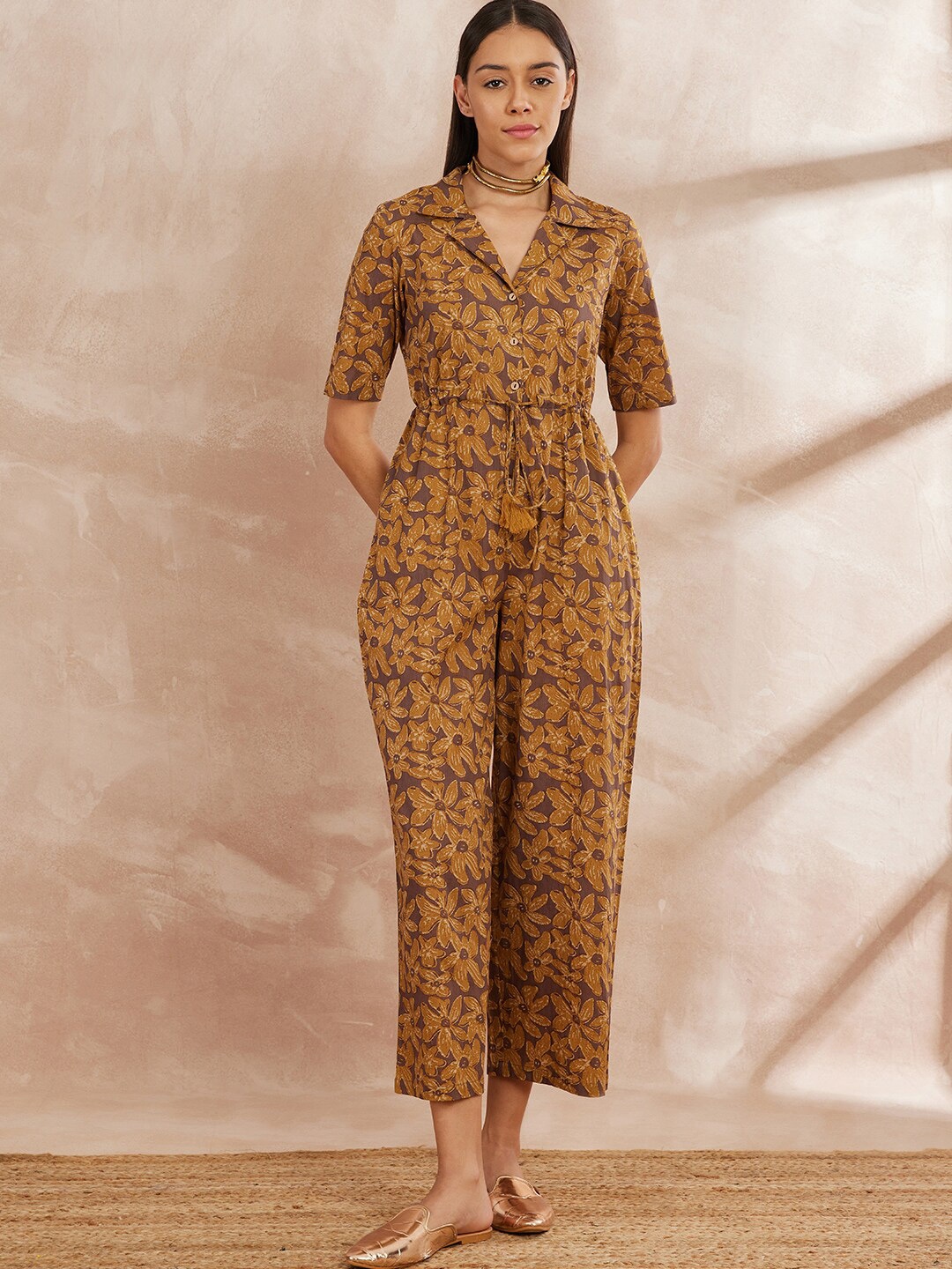 

all about you Floral Printed Cotton Basic Jumpsuit, Brown