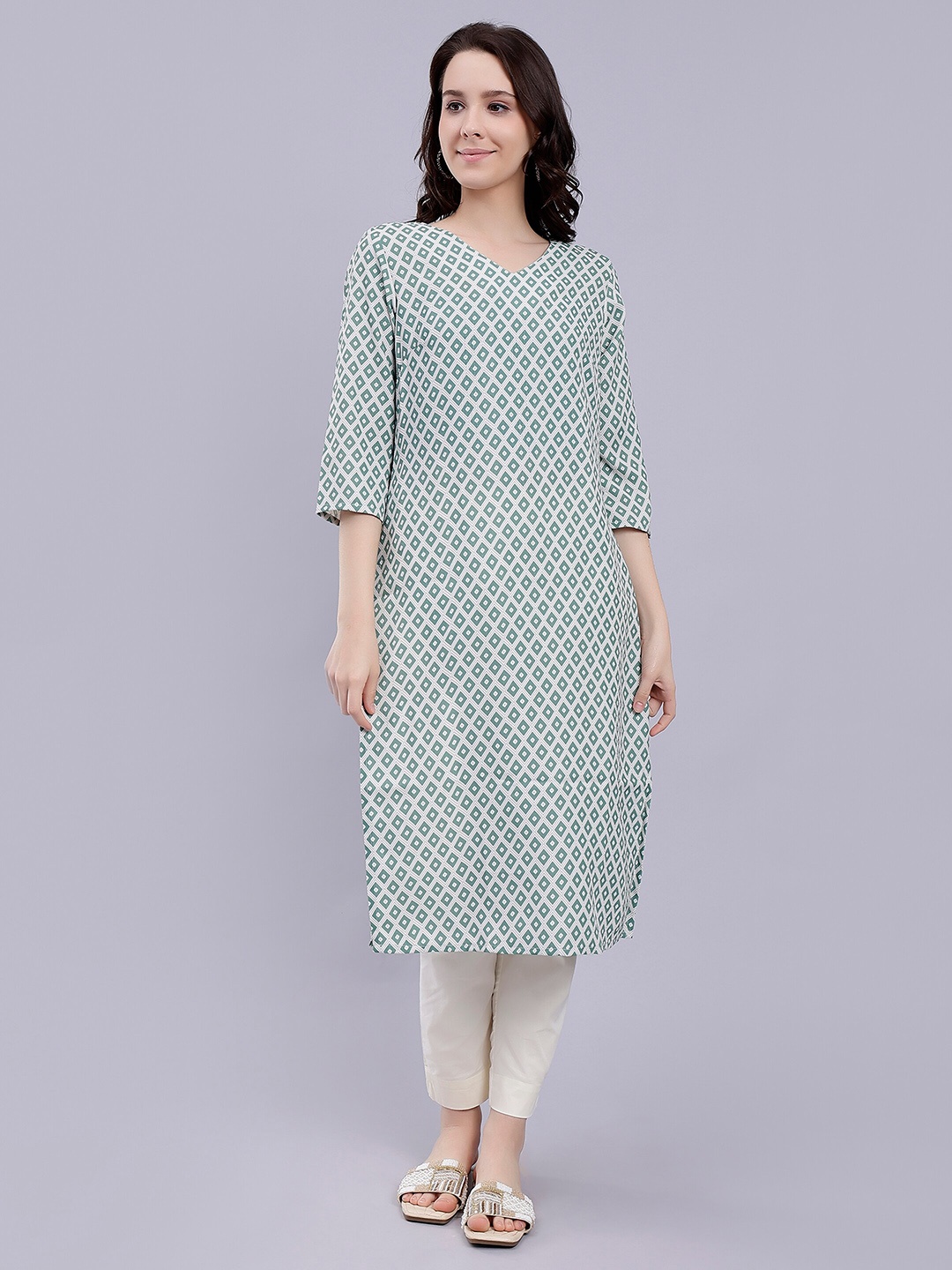 

soan Geometric Printed Straight Kurta, Green