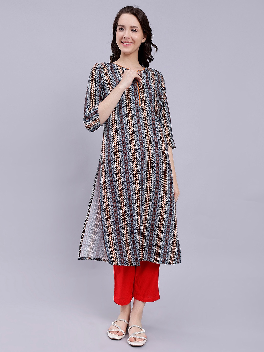 

soan Geometric Printed Straight Kurta, Blue