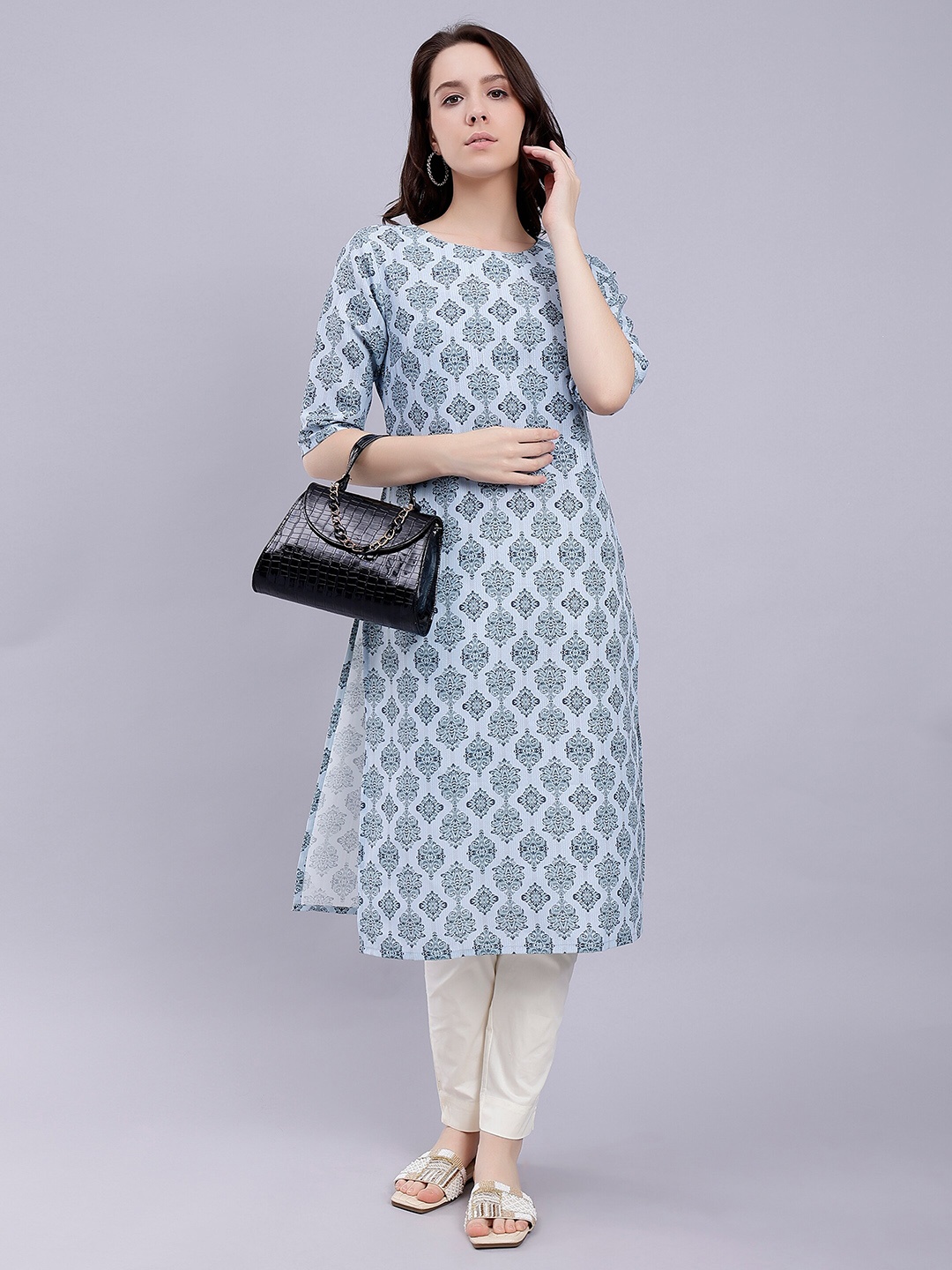 

soan Ethnic Motifs Printed Straight Kurta, Blue