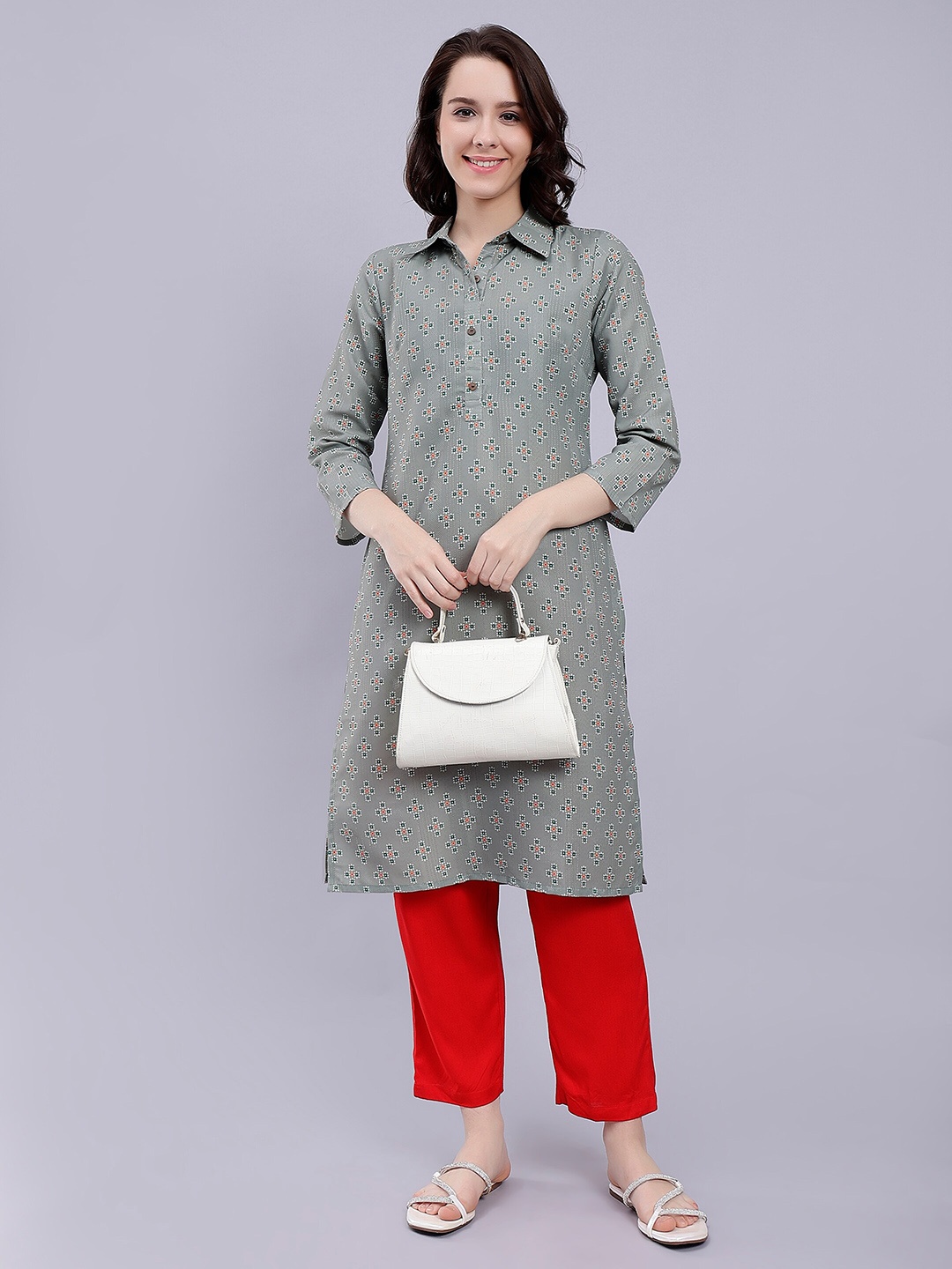 

soan Ethnic Motifs Printed Straight Kurta, Grey