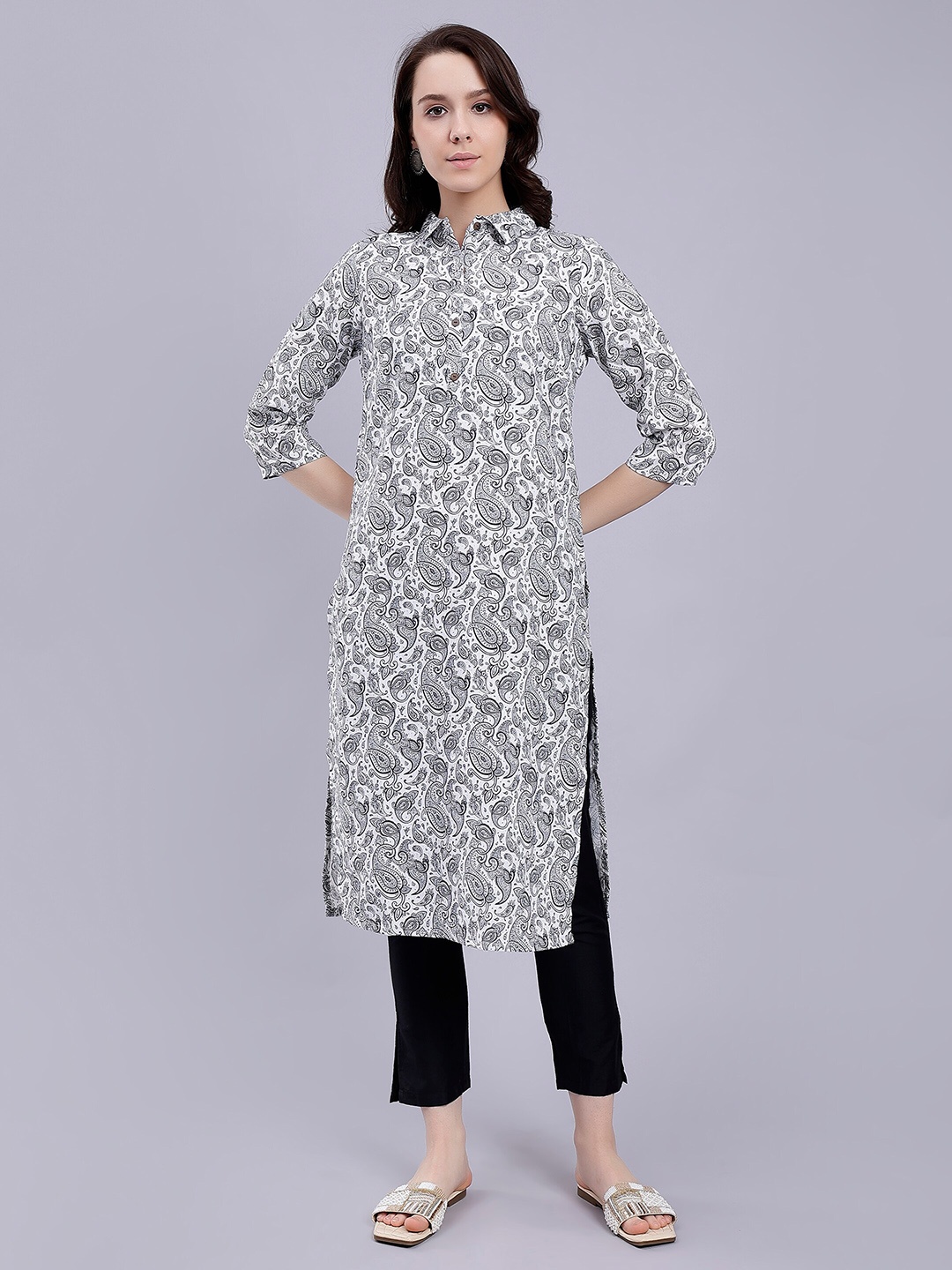 

soan Paisley Printed Three-Quarter Sleeves Shibori Straight Kurta, Black