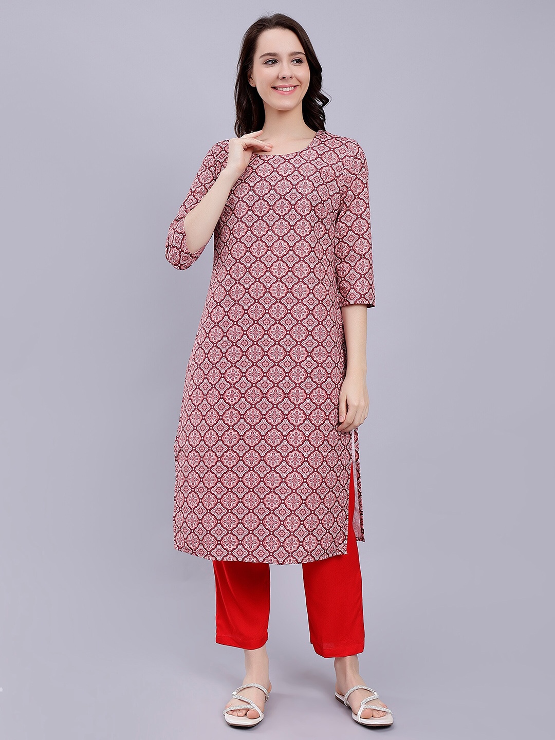 

soan Ethnic Motifs Printed Round Neck Regular Kurta, Maroon
