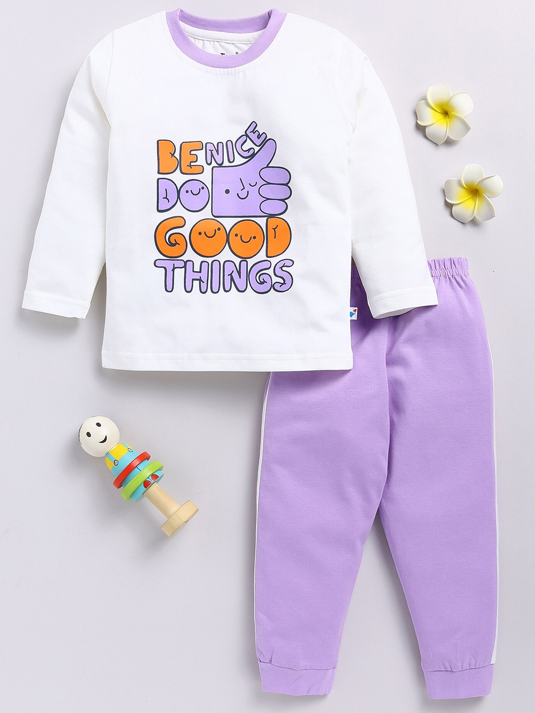 

Toonyport Kids Printed Round Neck Long Sleeves Pure Cotton T-shirt with Trousers, White